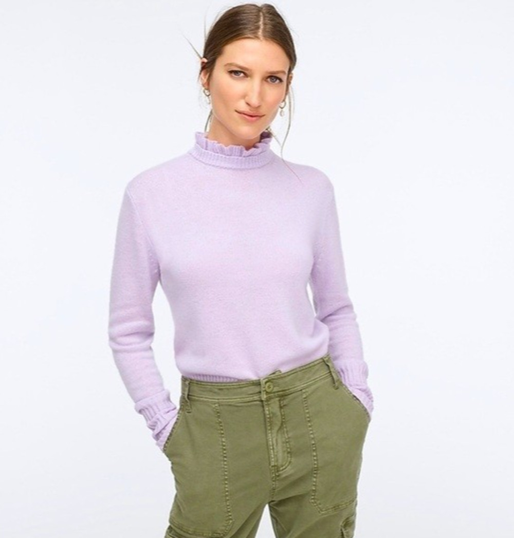 J Crew Ruffle Mock Neck Sweater Size S Lavender Lambswool Blend Keyhole Pullover